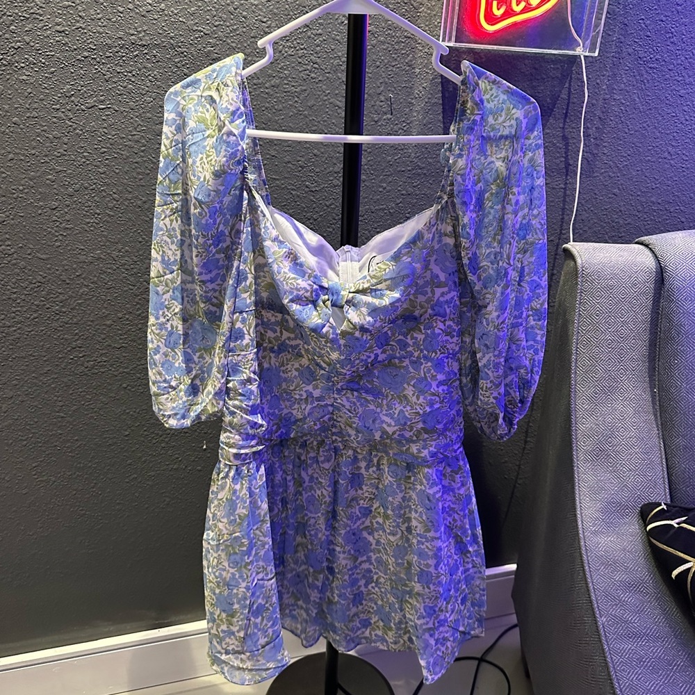 Blue Floral Long Sleeve Mini Dress with Bust Detail size AU 12
